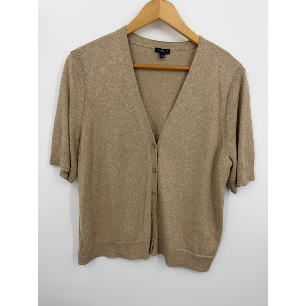Talbots Metallic Knit Cardigan Sweaterโ Womens XLp Gold Short Sleeve V-Neck
